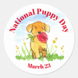 Nationale Puppy Dag 23 maart Waterverf Hond Ronde Sticker