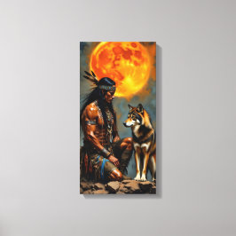 Native American and Wolf Canvas Afdruk