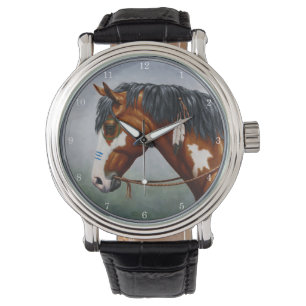 Native American Bay Pinto War Horse Horloge
