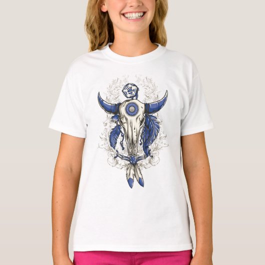 Native American BULL SKULL blue T-shirt (Voorkant)
