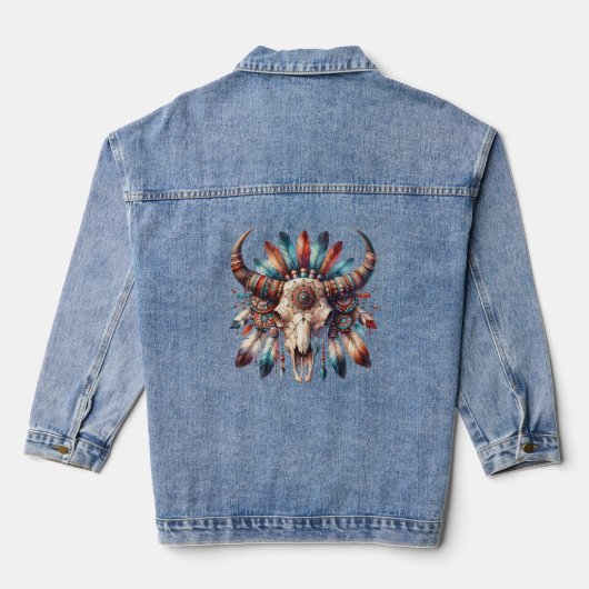 Native American Bull Skull Vrouwen Denim Jas Jacket (Achterkant)