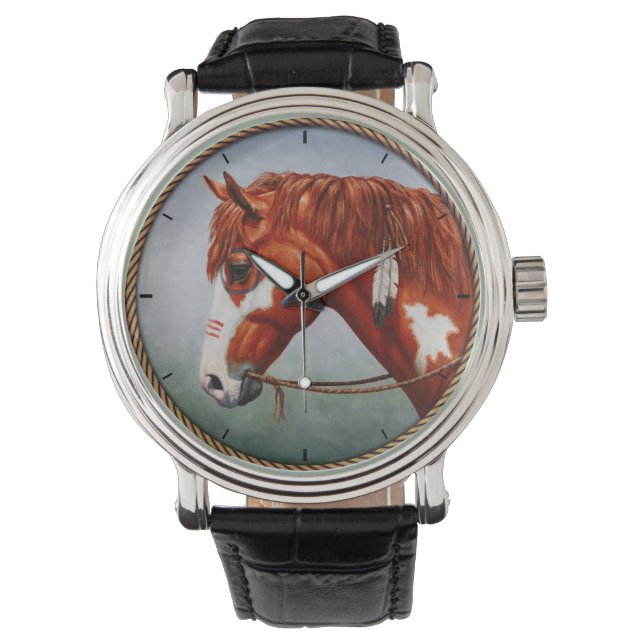 Native American Chestnut Pinto War Horse Horloge (Voorkant)