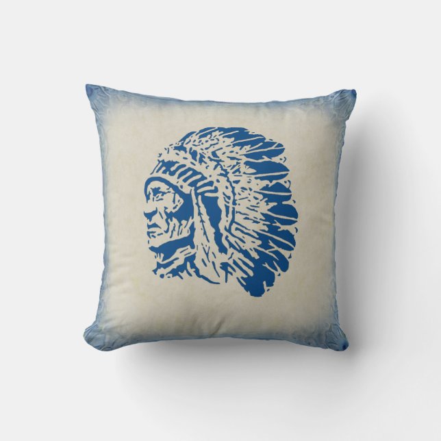 Native American Chief Blue Silhouette Pillow Kussen (Voorkant)