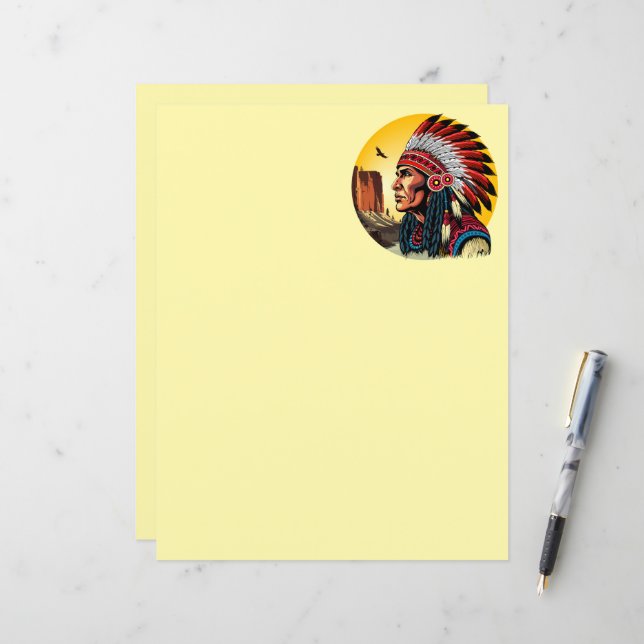 Native American Chief op wilde landschap zonsonder (Voorkant / Achterkant in situ)