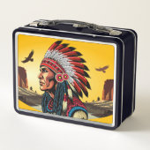 Native American Chief op wilde landschap zonsonder (Achterkant)