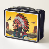 Native American Chief op wilde landschap zonsonder (Voorkant)