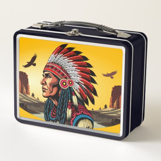 Native American Chief op wilde landschap zonsonder (Voorkant)