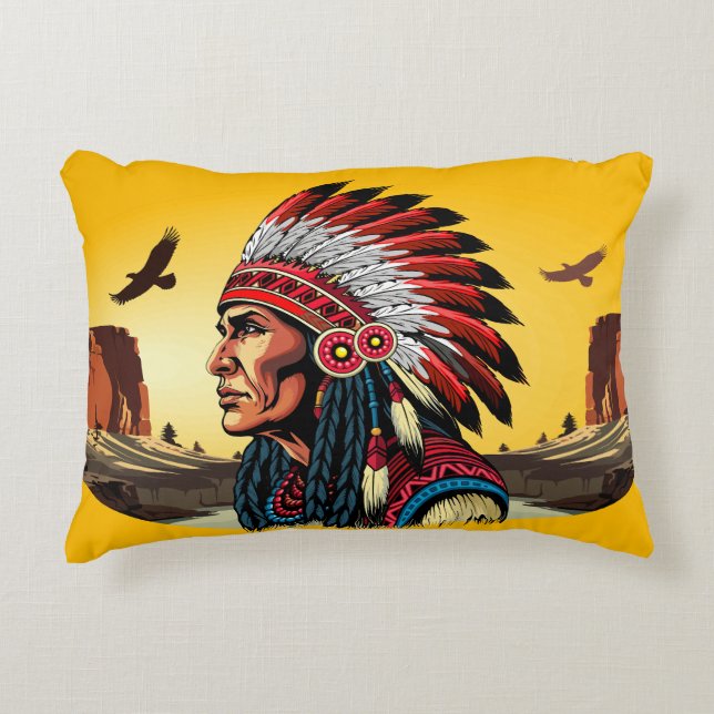 Native American Chief op wilde landschap zonsonder Accent Kussen (Voorkant)