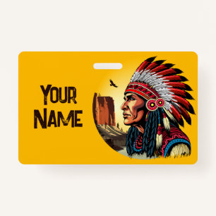 Native American Chief op wilde landschap zonsonder Badge