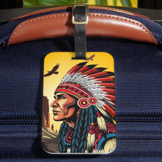 Native American Chief op wilde landschap zonsonder Bagagelabel (Voorkant Insitu 2)