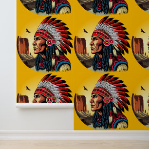 Native American Chief op wilde landschap zonsonder Behang