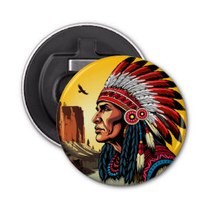 Native American Chief op wilde landschap zonsonder Button Flesopener
