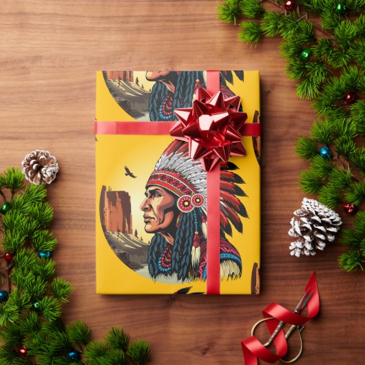Native American Chief op wilde landschap zonsonder Cadeaupapier (Feestdagen Geschenken)