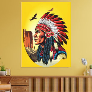 Native American Chief op wilde landschap zonsonder Canvas Afdruk