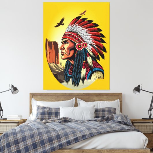 Native American Chief op wilde landschap zonsonder Canvas Afdruk (Insitu (Slaapkamer))