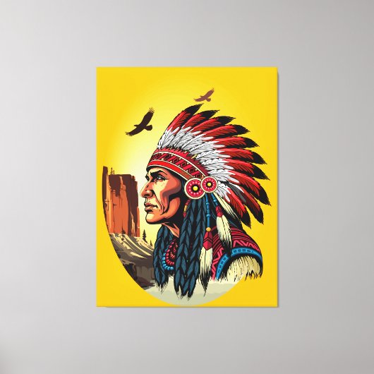 Native American Chief op wilde landschap zonsonder Canvas Afdruk (Voorkant)