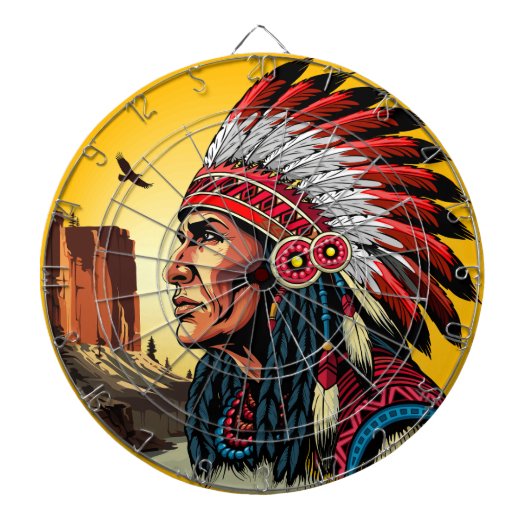 Native American Chief op wilde landschap zonsonder Dartbord (Voorkant)