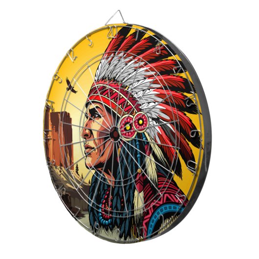 Native American Chief op wilde landschap zonsonder Dartbord (Voorkant Rechts)