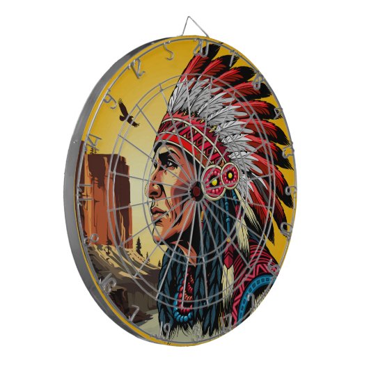 Native American Chief op wilde landschap zonsonder Dartbord (Voorkant Links)