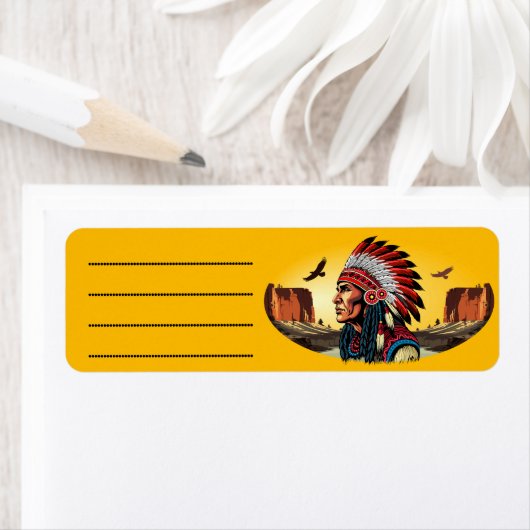 Native American Chief op wilde landschap zonsonder Etiket (Insitu)