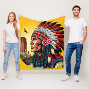 Native American Chief op wilde landschap zonsonder Fleece Deken