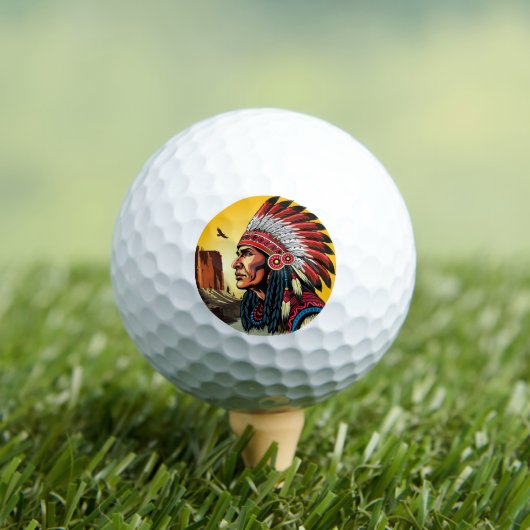 Native American Chief op wilde landschap zonsonder Golfballen (Insitu Shirt)