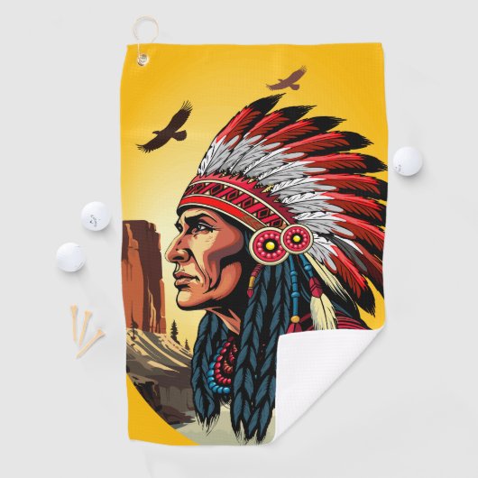 Native American Chief op wilde landschap zonsonder Golfhanddoek (Insitu)