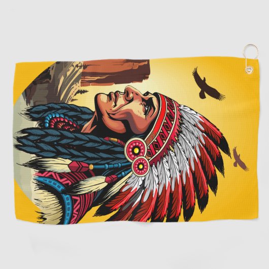 Native American Chief op wilde landschap zonsonder Golfhanddoek (Horizontaal)