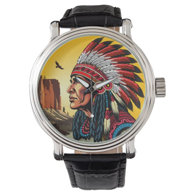Native American Chief op wilde landschap zonsonder Horloge (Voorkant)