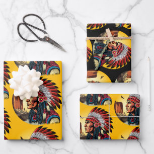 Native American Chief op wilde landschap zonsonder Inpakpapier Vel
