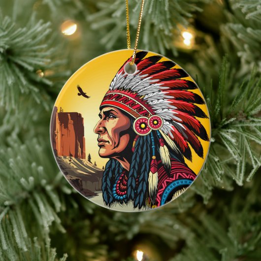 Native American Chief op wilde landschap zonsonder Keramisch Ornament (Boom)