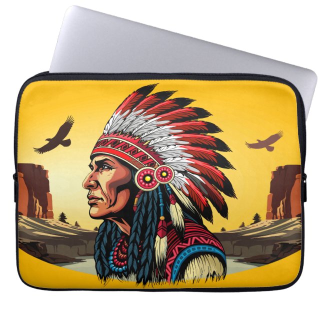 Native American Chief op wilde landschap zonsonder Laptop Sleeve (Voorkant)