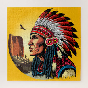 Native American Chief op wilde landschap zonsonder Legpuzzel
