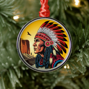 Native American Chief op wilde landschap zonsonder Metalen Ornament