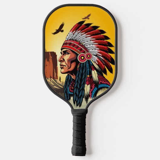 Native American Chief op wilde landschap zonsonder Pickleball Paddle (Achterkant)