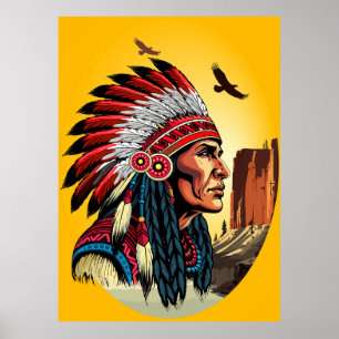 Native American Chief op wilde landschap zonsonder Poster