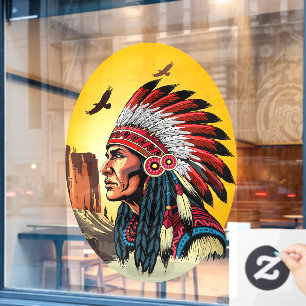 Native American Chief op wilde landschap zonsonder Raamsticker