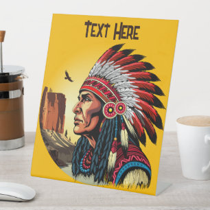 Native American Chief op wilde landschap zonsonder Reclamebord Met Voetstuk