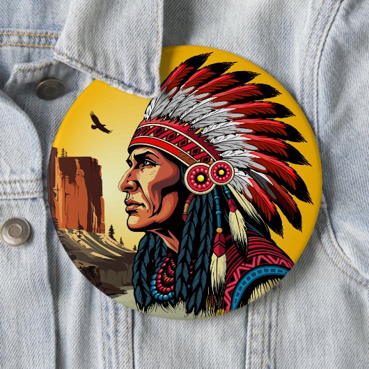 Native American Chief op wilde landschap zonsonder Ronde Button 6,0 Cm (In situ)