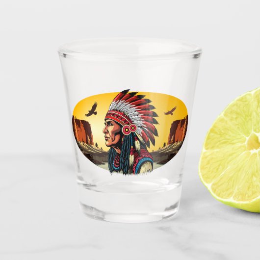 Native American Chief op wilde landschap zonsonder Shot Glas (Voorkant)