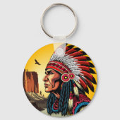 Native American Chief op wilde landschap zonsonder Sleutelhanger (Voorkant)