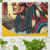 Native American Chief op wilde landschap zonsonder Theedoek (Gevouwen)