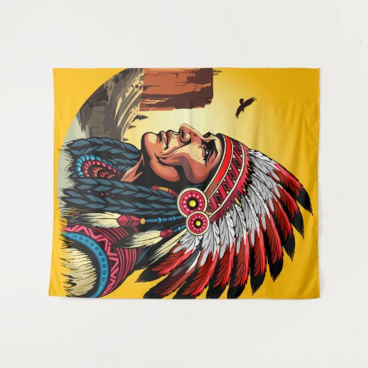 Native American Chief op wilde landschap zonsonder Wandkleed (Voorkant (horizontaal))