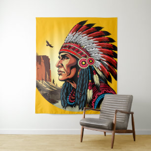 Native American Chief op wilde landschap zonsonder Wandkleed