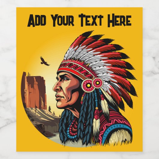 Native American Chief op wilde landschap zonsonder Wijn Etiket (Enkel label)