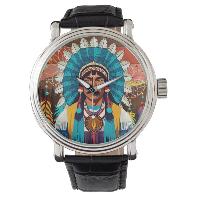 Native American Chief Powerful Portret Horloge (Voorkant)
