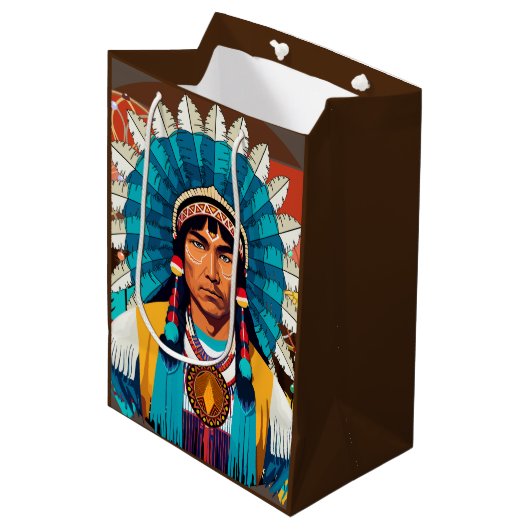 Native American Chief Powerful Portret Medium Cadeauzakje (Voorkant Gekanteld)
