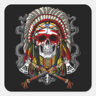 Native American Chief Skull Indian Headdress Vierkante Sticker
