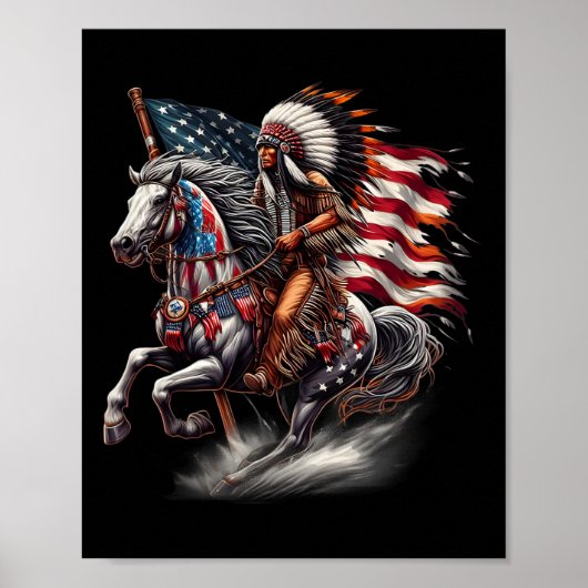 Native American Day Flag Indian Riding Horse 4th O Poster (Voorkant)