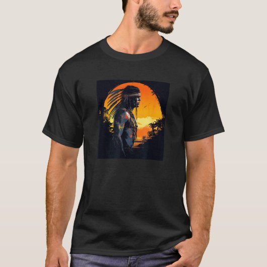 Native American Day Warrior Sunset Retro For Boys  T-shirt (Voorkant)